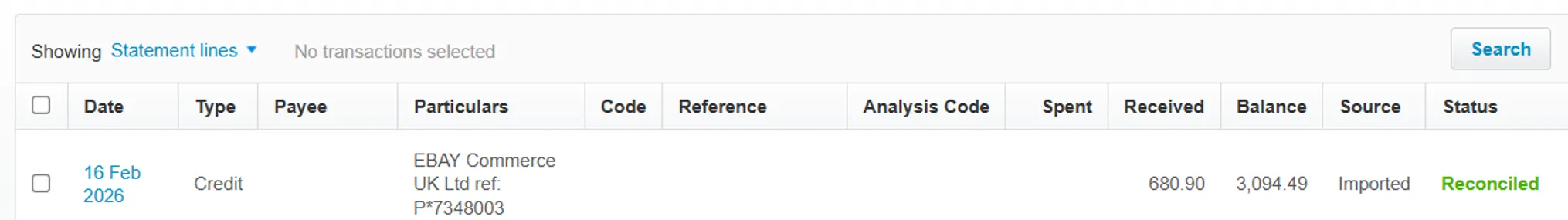 Xero reconciled transaction details showing the GBP 680.90 EBAY Commerce UK Ltd bank line matched to the payout payment.