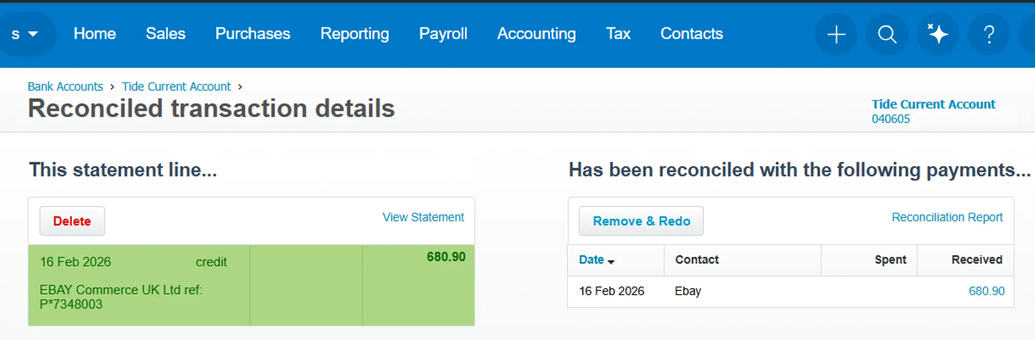 Xero bank feed statement line showing EBAY Commerce UK Ltd reference P*7348003 received for £680.90 with reconciled status.