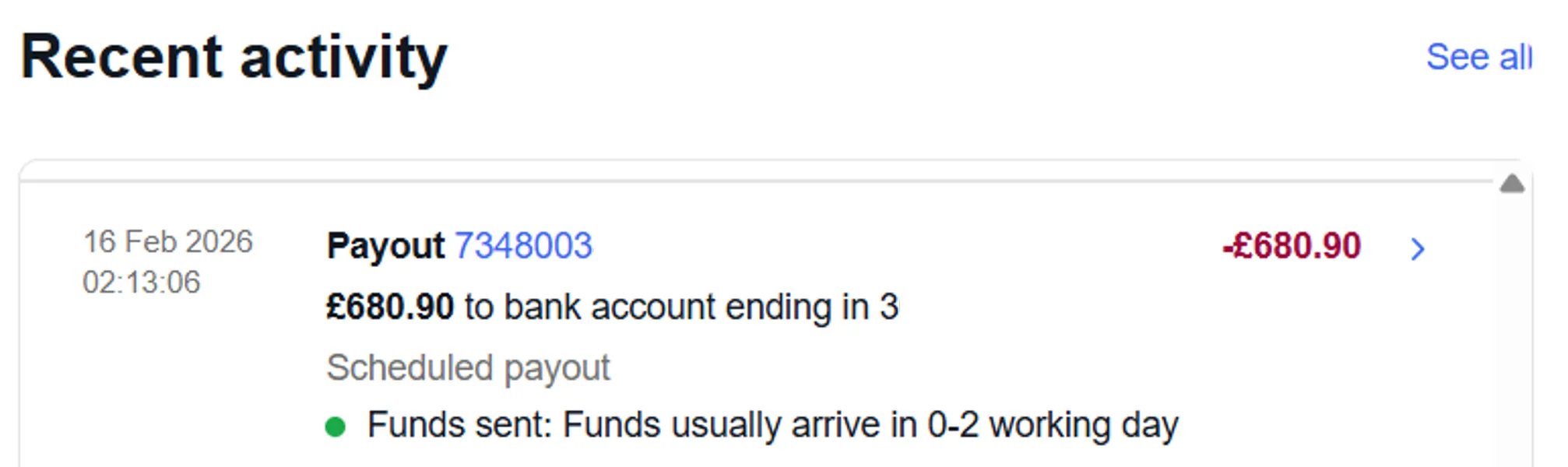 eBay recent activity entry showing payout 7348003 for GBP 680.90 to a bank account ending in 3.