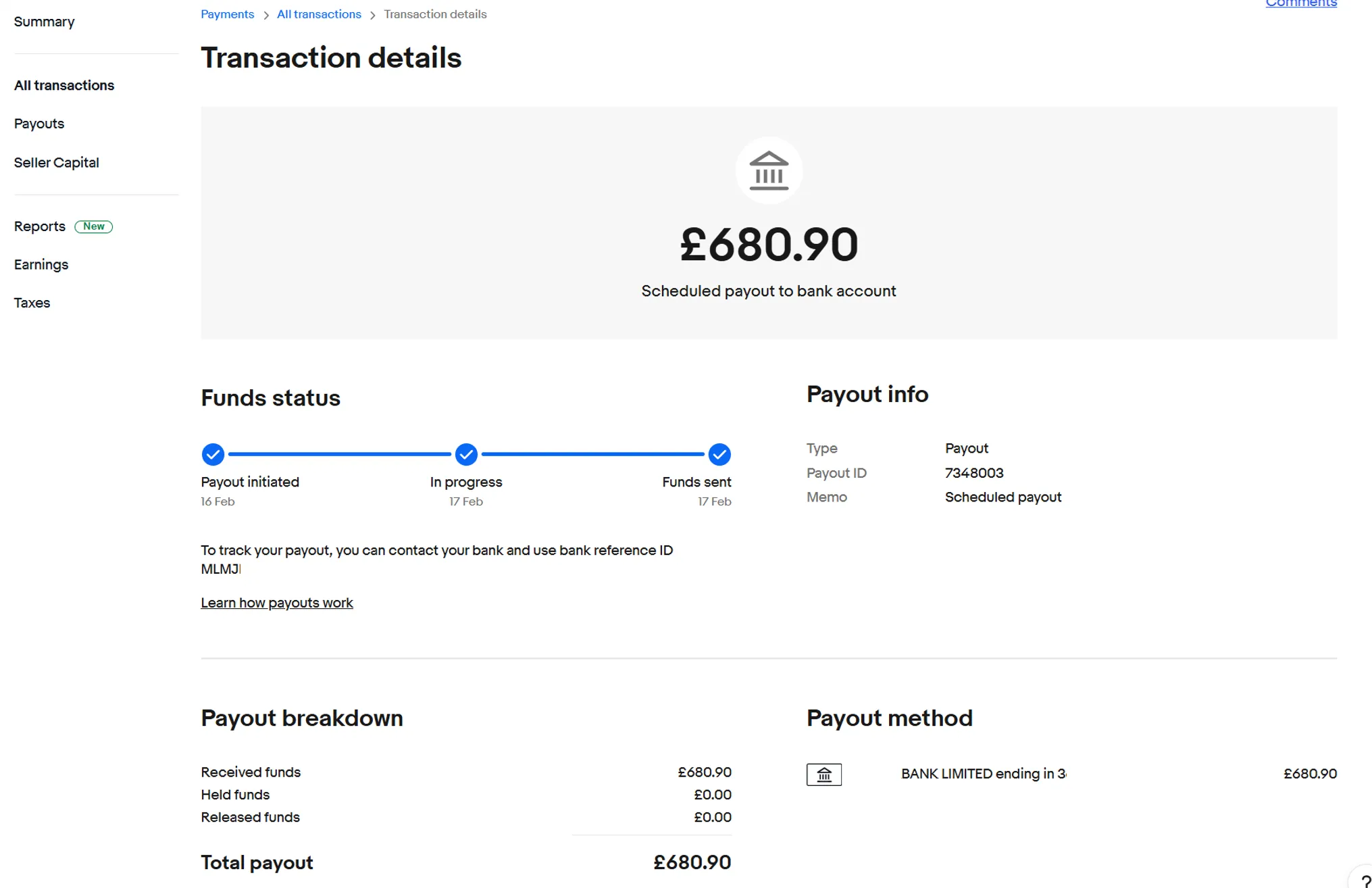eBay transaction details showing payout ID 7348003 and total payout GBP 680.90.