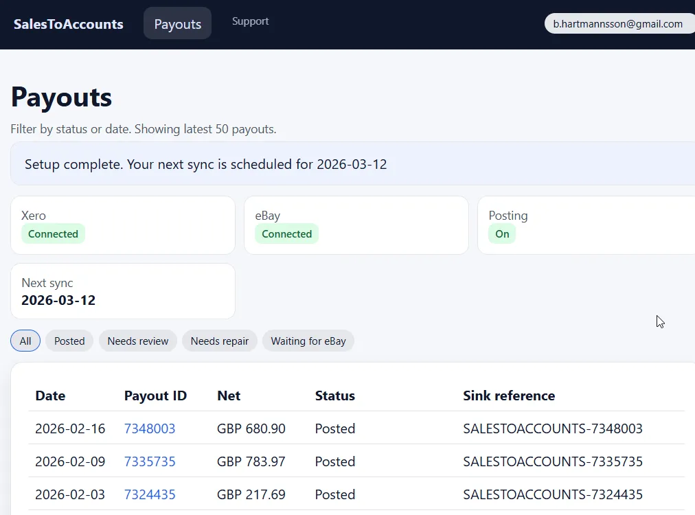 SalesToAccounts payouts overview showing payout status and processing results.