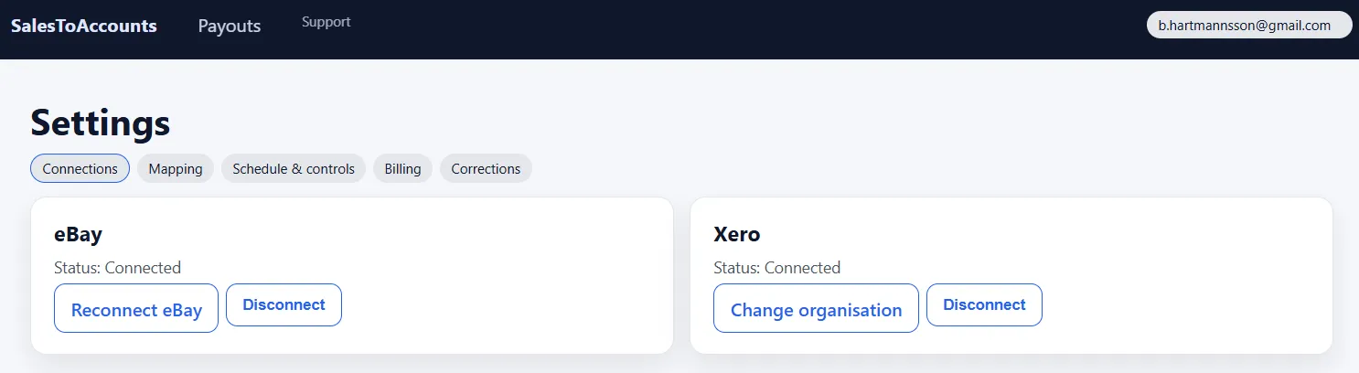 SalesToAccounts settings showing an active connected account state.