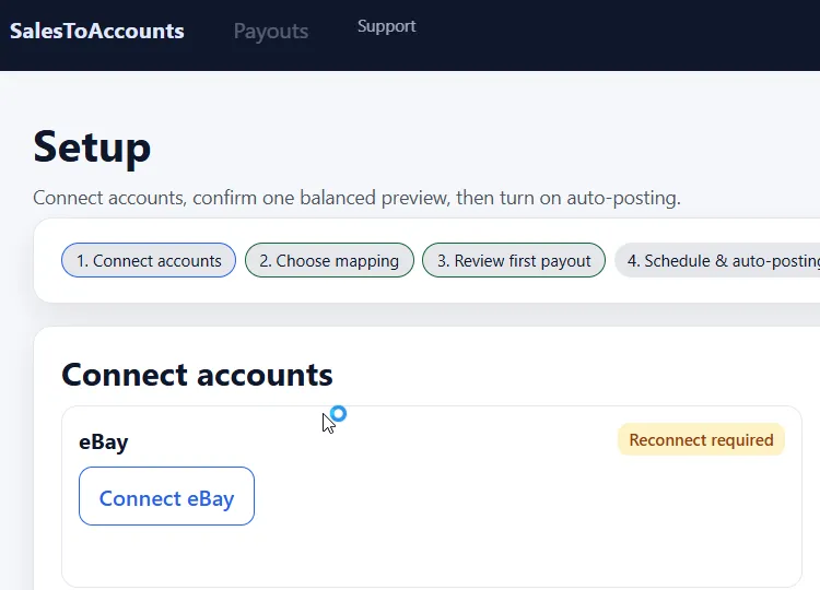 SalesToAccounts settings page showing the eBay connection option.