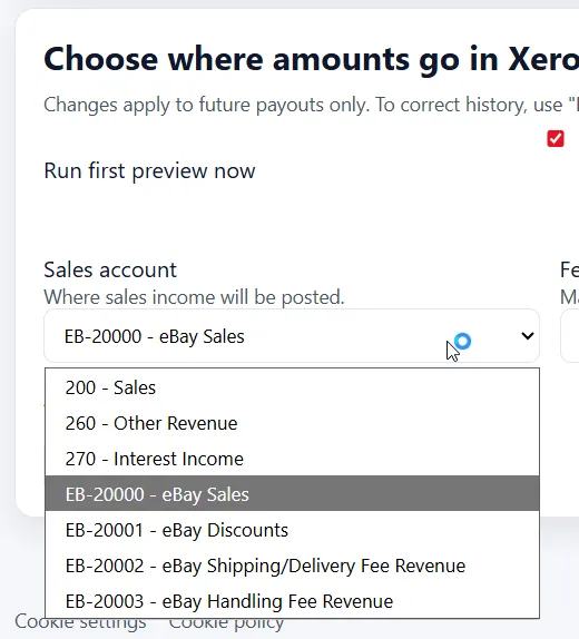 Expanded Xero account dropdown in SalesToAccounts mapping settings.