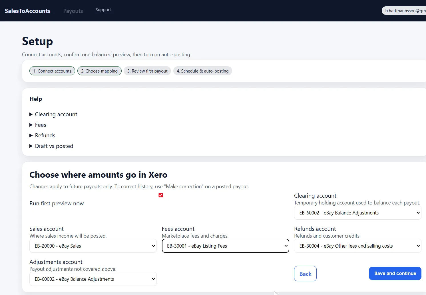 SalesToAccounts mapping settings showing selected Xero accounts for payout posting.
