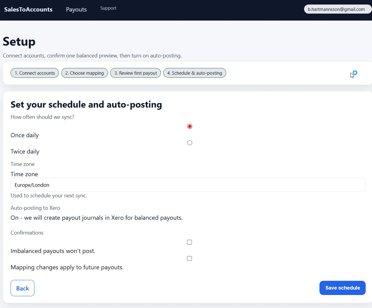 SalesToAccounts schedule settings for automatic payout posting.