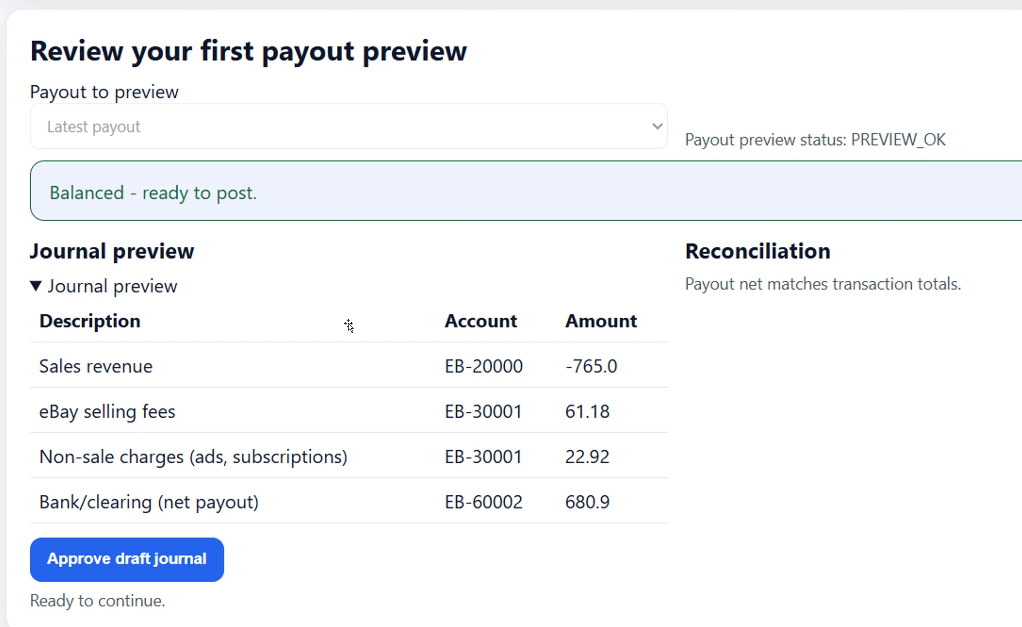 SalesToAccounts payout preview showing sales revenue, eBay selling fees, non-sale charges, and bank clearing lines balanced to a GBP 680.90 net payout.