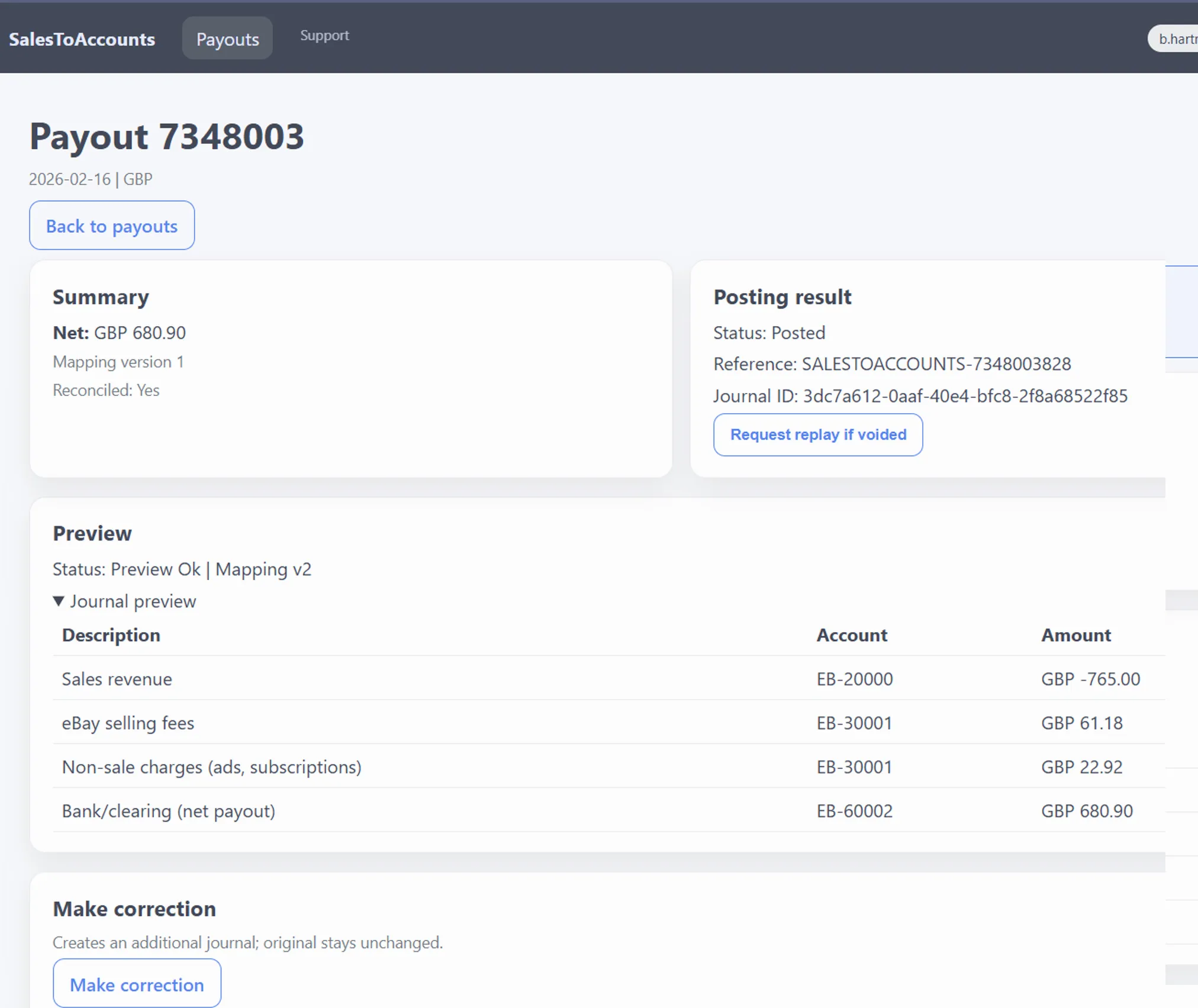 SalesToAccounts payout detail for 7348003 showing posted status, posting reference, journal ID, journal preview, and correction controls.