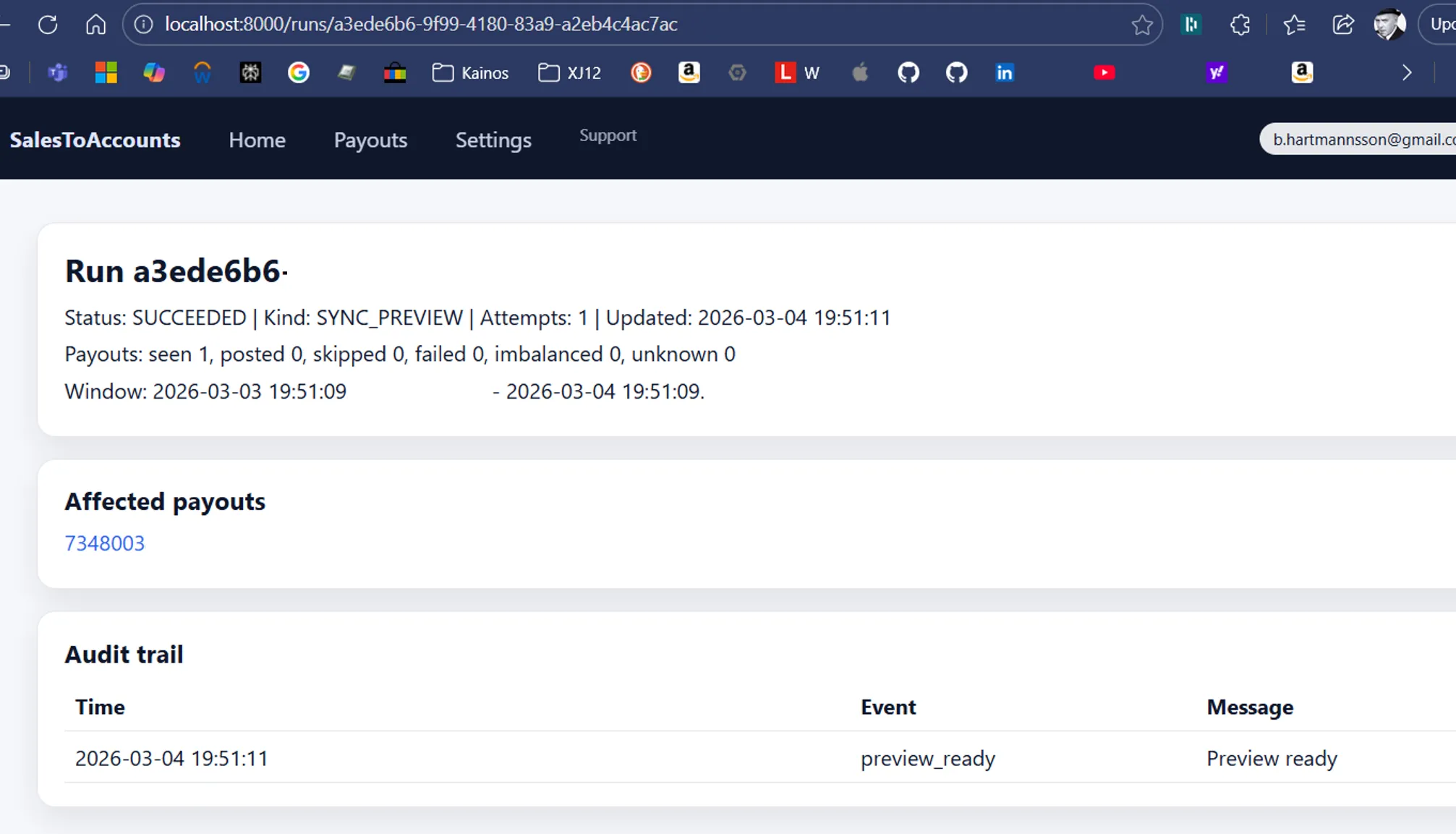 SalesToAccounts run record showing payout 7348003 in affected payouts and a preview_ready audit event.