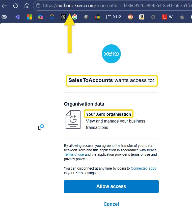 Xero authorization screen for connecting a Xero organisation to SalesToAccounts.